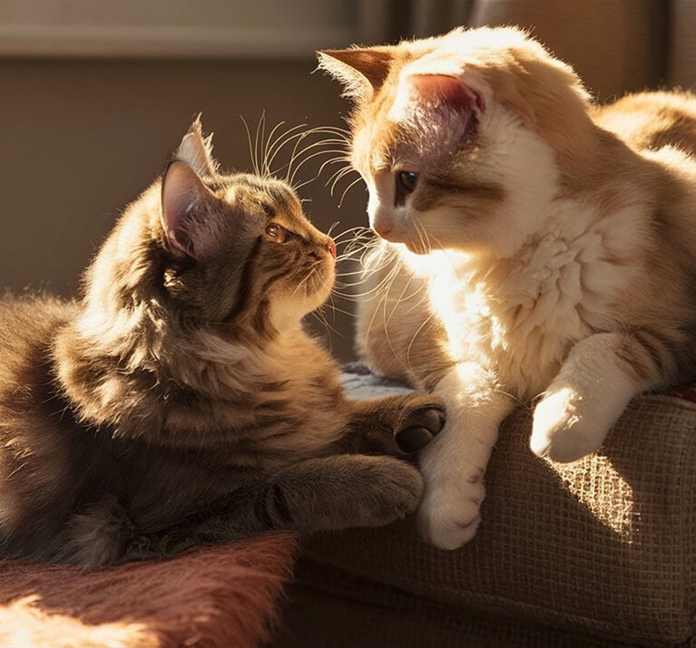 zwei Katzen schauen sich an