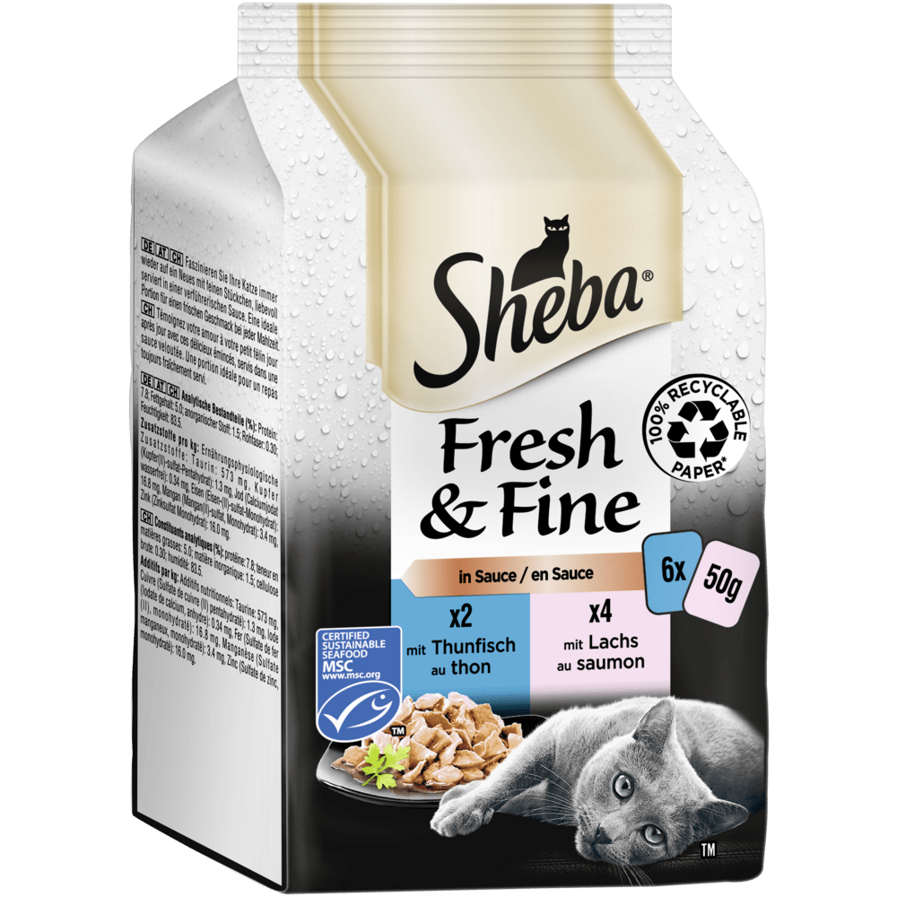 SHEBA® Fresh & Fine, Lachs, Thunfisch & Forelle MSC in Sauce, Multipack 6 x 50g - 1