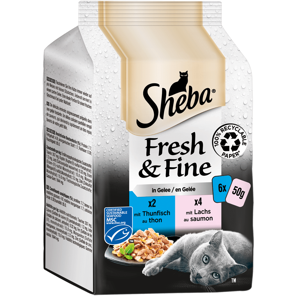 SHEBA® Fresh & Fine, Thunfisch, Lachs & Weißfisch MSC in Gelee, Multipack 6 x 50g - 1