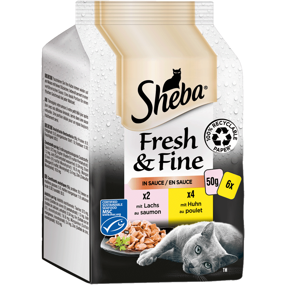 SHEBA® Fresh & Fine, Huhn, Lachs MSC & Truthahn in Sauce, Multipack 6 x 50g - 1