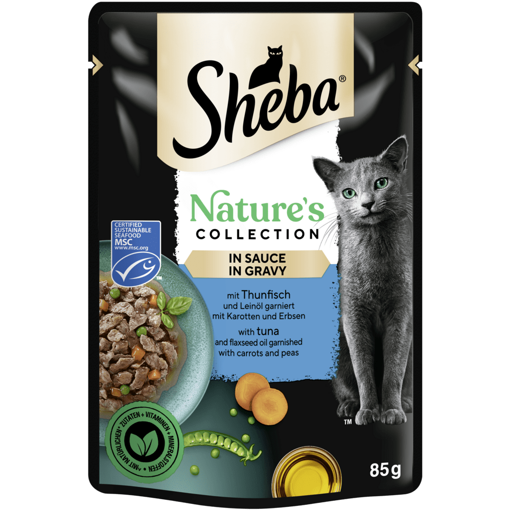 SHEBA® Nature's Collection Thunfisch & Leinöl garniert mit Karotten & Erbsen in Sauce, 85g - 1
