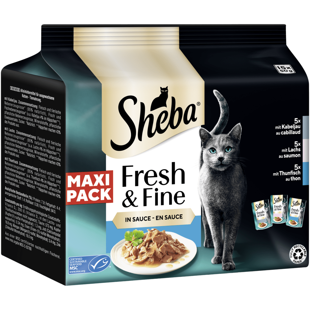 SHEBA® Fresh & Fine Kabeljau, Lachs & Thunfisch MSC in Sauce, Portionsbeutel 15 & 50 x 50g - 1